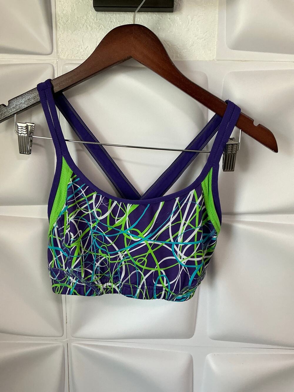 Xersion Purple Neon Green Blue White Cross-Back Sports Bra Women's Size Small*